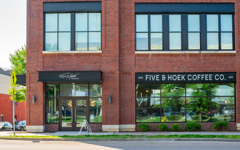 This is the outside of Five & Hoek Coffee Shop in Knoxville